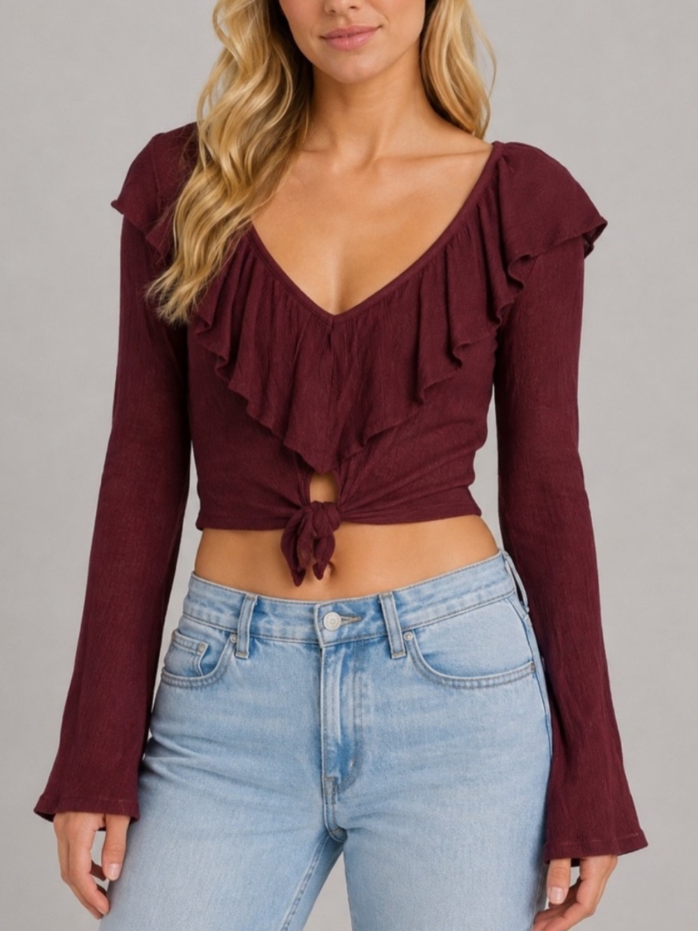 Cleobella Burgundy Ruffle Tie Front Long Sleeve Crop Top XS 8882